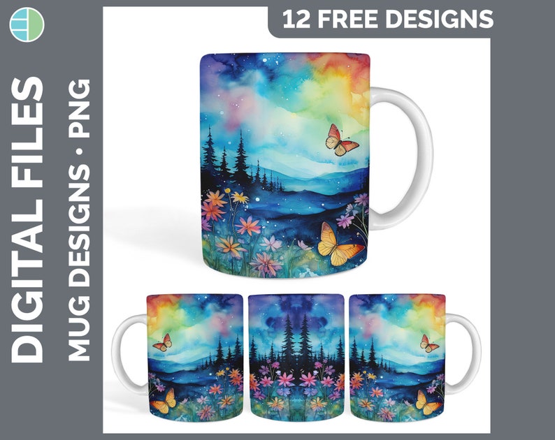 K&ouml;nnte beinhalten: Zw&ouml;lf kostenlose Designs f&uuml;r Sublimationsbecher mit einer Aquarelllandschaft mit einem Regenbogen, Schmetterlingen und Blumen. Die Designs sind perfekt, um personalisierte Becher f&uuml;r jeden Anlass zu erstellen.