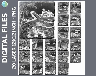 Sea Life Laser Engraving PNG Bundle, 20 Slate Coaster Files, Dolphin Sea Turtle Octopus Download, Ocean Lover Engraving Art