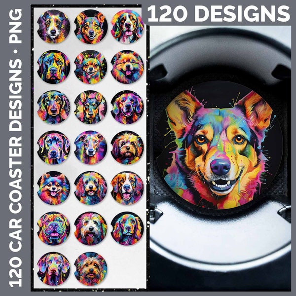 Alcohol Ink Dogs Car Coaster Bundle Sublimation Designs | Style Set 1 of 3 | Dog Breeds Neon Coaster PNG Download