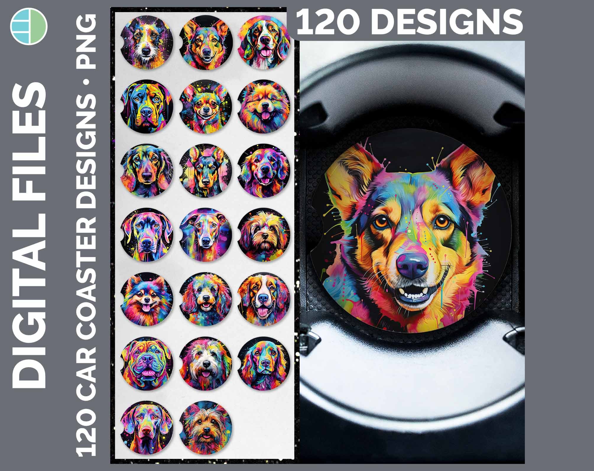 Alcohol Ink Dogs Car Coaster Bundle Sublimation Designs | Style Set 1 of 3 | Dog Breeds Neon Coaster PNG Download