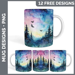 K&ouml;nnte beinhalten: Ein Set mit 12 kostenlosen Tassenmotiven mit einer Aquarellmalerei einer Waldszene mit Sternenhimmel und Schmetterlingen. Das Design ist perfekt f&uuml;r den Sublimationsdruck.