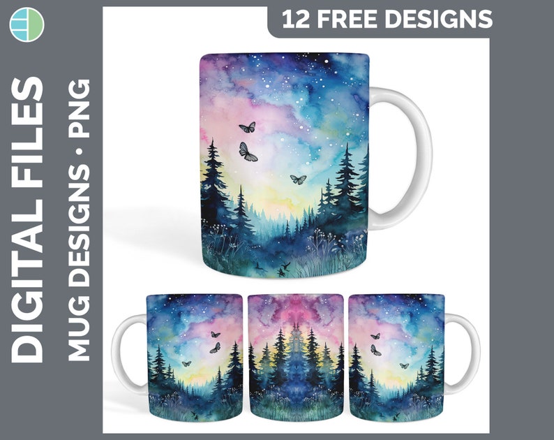 K&ouml;nnte beinhalten: Ein Set mit 12 kostenlosen Tassenmotiven mit einer Aquarellmalerei einer Waldszene mit Sternenhimmel und Schmetterlingen. Das Design ist perfekt f&uuml;r den Sublimationsdruck.