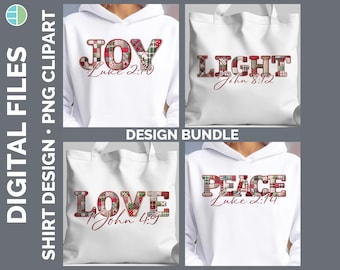 Christian Christmas PNG Bundle | 4 Designs | Joy Light Peace Love Scripture Patchwork Shirt | Bible Verse Holiday Download