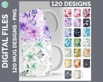 Botanical Floral Mug Wrap Bundle | 120 Designs | Watercolor Flowers Coffee Cup PNG | Sublimation Download