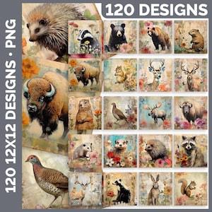 120 Vintage Woodland Animals Digital Paper PNG Mega Bundle | Junk Journal Forest Deer • Moose • Bear • Rabbit Backgrounds Printable Download
