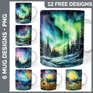K&ouml;nnte beinhalten: Sechs verschiedene Designs f&uuml;r Sublimationsbecher mit Aquarellmalereien eines schneebedeckten Waldes mit einem farbenfrohen Nordlicht am Himmel. Die Designs sind perfekt, um einzigartige und personalisierte Becher zu erstellen.