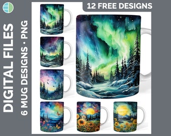 Watercolor Northern Lights Mug Sublimation Backgrounds PNG Designs, Sunflower Mug Background, Butterflies Instant Download PNG