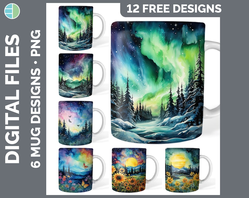 K&ouml;nnte beinhalten: Sechs verschiedene Designs f&uuml;r Sublimationsbecher mit Aquarellmalereien eines schneebedeckten Waldes mit einem farbenfrohen Nordlicht am Himmel. Die Designs sind perfekt, um einzigartige und personalisierte Becher zu erstellen.