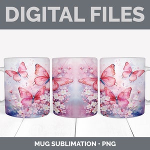 Pu&ograve; includere: Tre tazze in ceramica bianca con un design ad acquerello rosa di farfalle e fiori. Le tazze sono per la stampa per sublimazione.