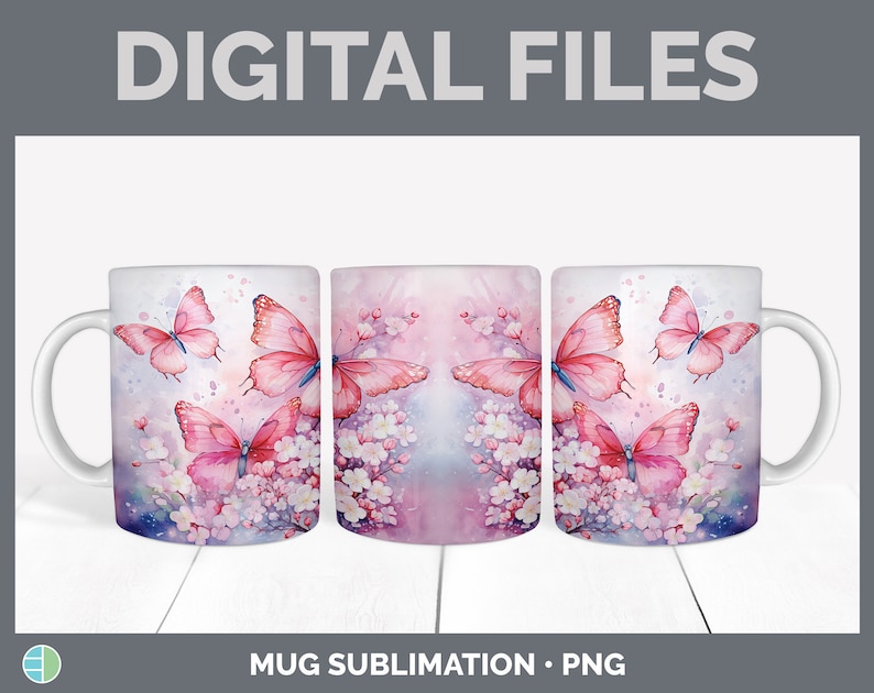 Pu&ograve; includere: Tre tazze in ceramica bianca con un design ad acquerello rosa di farfalle e fiori. Le tazze sono per la stampa per sublimazione.