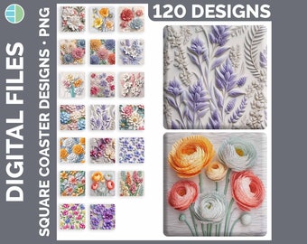 3D Flower Coaster Bundle Sublimation PNG Best Sellers Sublimation Designs | Style Set 1 of 3 | Square Coasters HUGE Bundle Download
