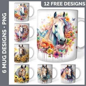 May include: Twelve free designs for sublimation mugs featuring watercolor illustrations of horses with flowers and butterflies. The designs are in various colors, including pink, blue, yellow, and green.