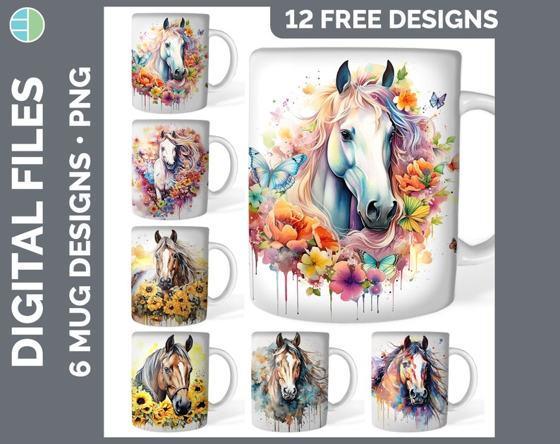 May include: Twelve free designs for sublimation mugs featuring watercolor illustrations of horses with flowers and butterflies. The designs are in various colors, including pink, blue, yellow, and green.