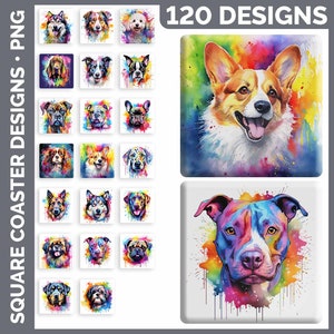 Rainbow Watercolor Dog Coaster Sublimation PNG Sublimation Designs | Style Set 2 of 3 | Dog Breed Square Coasters HUGE Bundle Download