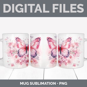 Pu&ograve; includere: Un design di sublimazione con una farfalla rosa con fiori ad acquerello su una tazza bianca. Il design &egrave; perfetto per creare tazze personalizzate.