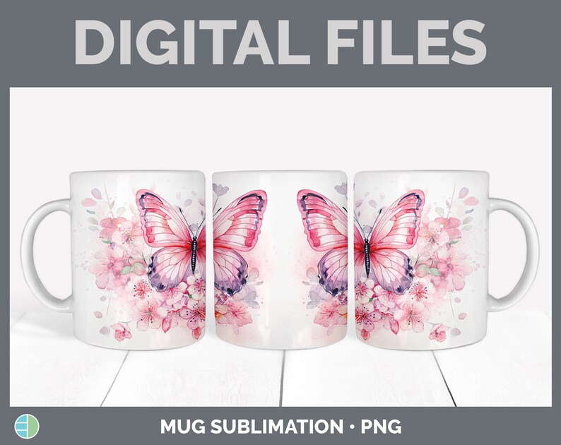 Pu&ograve; includere: Un design di sublimazione con una farfalla rosa con fiori ad acquerello su una tazza bianca. Il design &egrave; perfetto per creare tazze personalizzate.