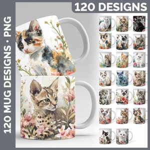 May include: 120 watercolour designs of cats on white mugs. The designs feature cats of different breeds and colours, with floral backgrounds. The text "120 MUG DESIGNS" is at the top of the image.