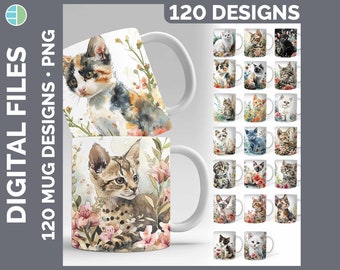 Paquete de diseños PNG para tazas con temática de gatos / 120 diseños / Sublimación de acuarela de gatitos atigrados y calico / Descarga de taza de café para mamás gatas