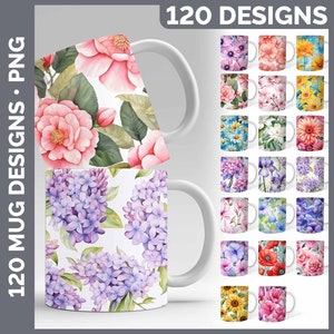 May include: 120 watercolour floral designs for mugs. The designs feature various flowers, including roses, sunflowers, daisies, and lilacs. The designs are perfect for creating unique and personalised mugs.