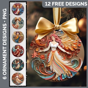 3D Christmas Angel Ornament Wrap PNG Sublimation Design Bundle | Paper Quilled Christmas Ornament Instant Download