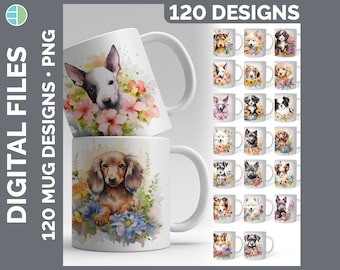 Watercolor Floral Dog Mug Mega Bundle Sublimation Download | Style Set 4 of 4 | Digital Download PNG | 120 Sublimate Designs | Dog Mug Wraps