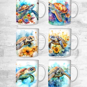 May include: Six sublimation mug designs featuring watercolor illustrations of sea turtles with colorful flowers and splashes of paint. The designs are perfect for creating personalized mugs.