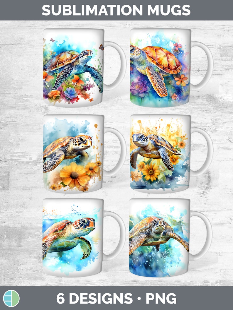 May include: Six sublimation mug designs featuring watercolor illustrations of sea turtles with colorful flowers and splashes of paint. The designs are perfect for creating personalized mugs.