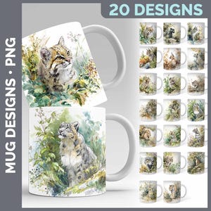 May include: A collection of 20 digital mug designs featuring watercolor illustrations of various wild cats in natural settings. The images display detailed feline portraits surrounded by green foliage and plants, presented as printable files.