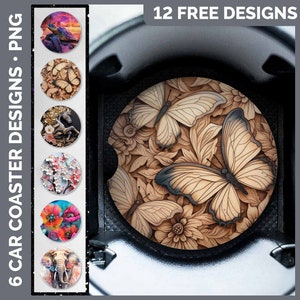 May include: Twelve free designs for car coasters. The designs include butterflies, flowers, a turtle, a horse, and a floral pattern. The coasters are round and have a white background.