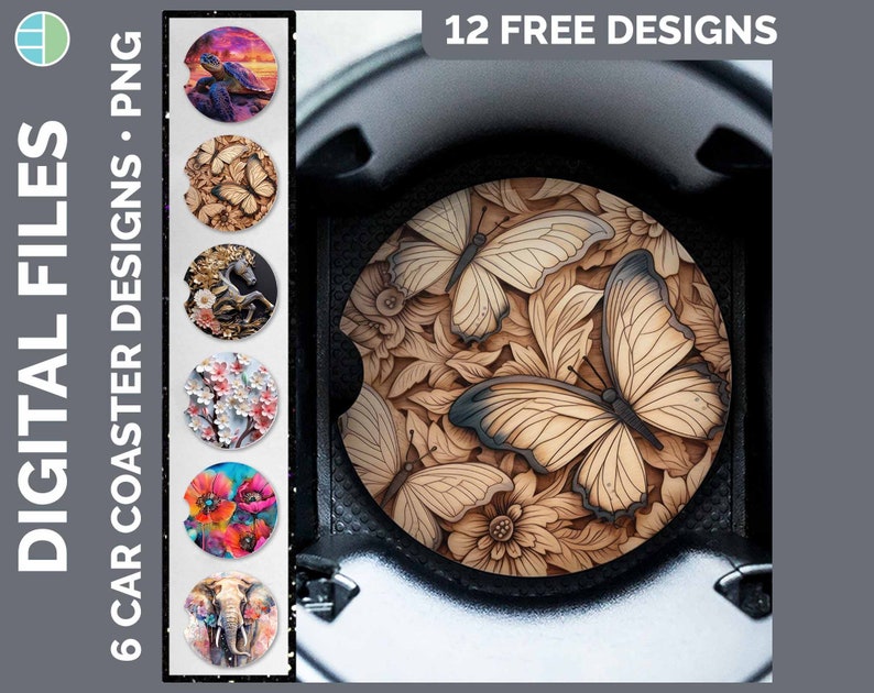 May include: Twelve free designs for car coasters. The designs include butterflies, flowers, a turtle, a horse, and a floral pattern. The coasters are round and have a white background.