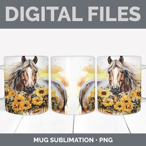 May include: Three white mugs with a watercolor design of a brown and white horse with a yellow sunflower background. The mugs are for sublimation.