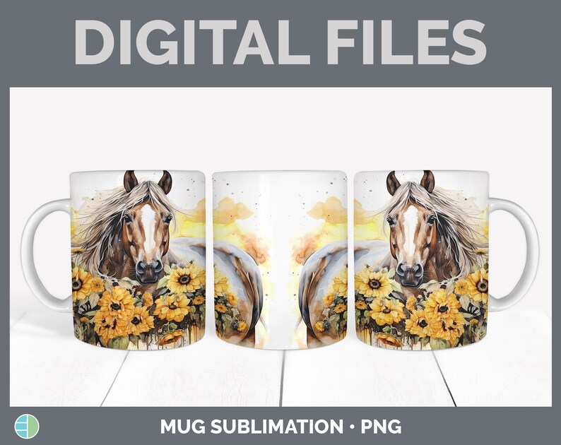 May include: Three white mugs with a watercolor design of a brown and white horse with a yellow sunflower background. The mugs are for sublimation.