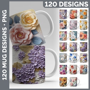 Puede incluir: 120 diseños de tazas con temática floral. Las tazas son blancas con una variedad de patrones florales en diferentes colores, incluyendo rosa, amarillo, azul y morado.