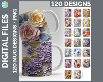 3D Blumen Tasse Sublimation Herunterladen | Style-Set 2 von 3 | Blumen digitaler Download PNG | 120 Sublimate Designs | 3D Mug Wraps
