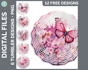 Pacchetto PNG di girandole a vento con farfalle rosa, 6 disegni floreali ad acquerello per sublimazione, girandole da giardino in formato digitale, arte con farfalle
