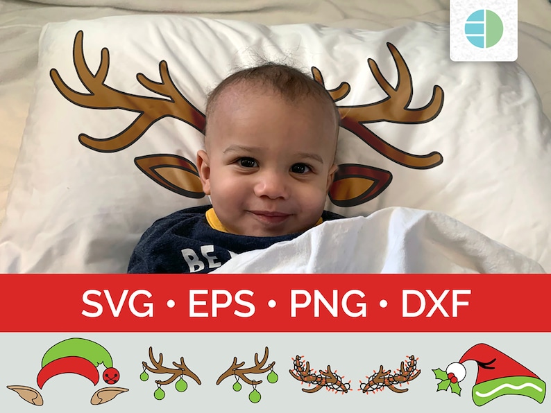 May include: A white pillow with a reindeer antler design, with a child lying on it. Below the pillow is a red banner with the text "SVG &bull; EPS &bull; PNG &bull; DXF". Below the banner are several Christmas-themed graphics.