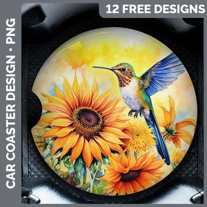 May include: A watercolor painting of a hummingbird with blue wings and a green body, hovering over a cluster of sunflowers. The background is a yellow and orange watercolor wash.