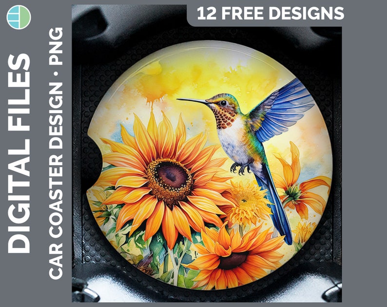 May include: A watercolor painting of a hummingbird with blue wings and a green body, hovering over a cluster of sunflowers. The background is a yellow and orange watercolor wash.