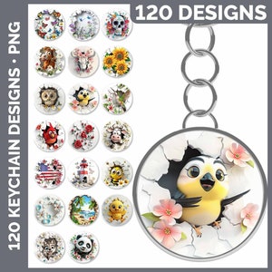 Peut inclure: Un ensemble de 120 designs numériques pour porte-clés. Les designs présentent une variété d'images colorées, notamment des animaux, des fleurs et des motifs abstraits. Chaque design est affiché sur un fond rond blanc avec un effet craquelé, simulant un charme de porte-clés.