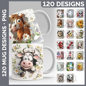 120 3D Hole in a Wall Mug Wrap PNG Bestseller Sublimationsdesigns | Style Set 1 von 3 | Niedliche Cartoon Kaffeetasse RIESIGE Bundle Download