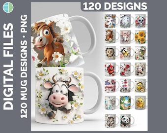 120 3D Hole in a Wall Mug Wrap PNG Best Sellers Sublimation Designs | Style Set 1 of 3 | Cute Cartoon Coffee Cup HUGE Bundle Download
