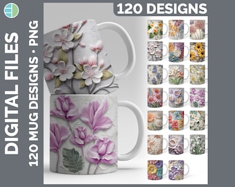 3D Flowers Mug Sublimation Download | Style Set 3 of 3 | Floral Digital Download PNG | 120 Sublimate Designs | 3D Mug Wraps