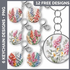 May include: Twelve free designs for keychains featuring colorful floral patterns. The keychains are round and have a silver metal ring.