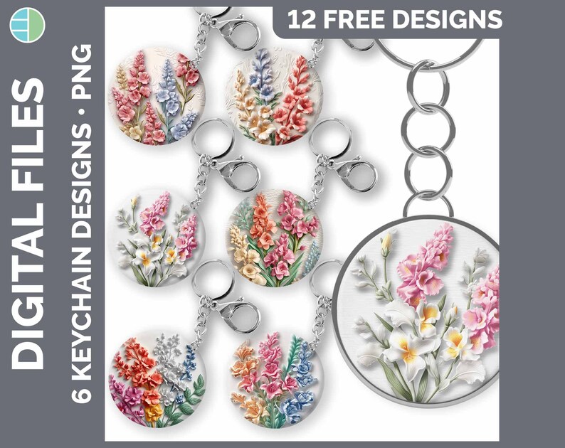 May include: Twelve free designs for keychains featuring colorful floral patterns. The keychains are round and have a silver metal ring.