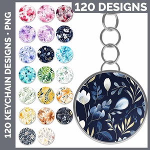 May include: A set of 120 digital designs for keychains featuring various floral patterns in a watercolour style. The designs are in a variety of colours, including blue, green, yellow, pink, and white. The designs are perfect for creating unique and personalised keychains.