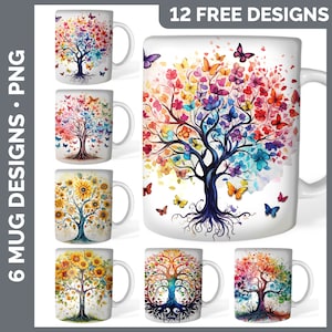 Fondos de taza de sublimación con diseño de árbol de la vida en acuarela, fondo de taza con girasoles y mariposas, descarga instantánea PNG.
