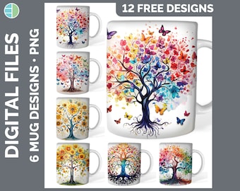 Watercolor Tree of Life Mug Sublimation Backgrounds PNG Designs, Sunflower Mug Background, Butterflies Instant Download PNG