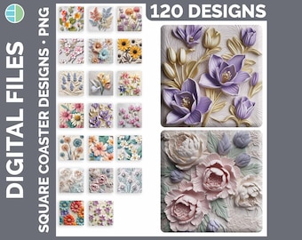 3D Flower Square Coaster Bundle | 120 Designs | Carved Floral Sublimation PNG | Drink Mat Download