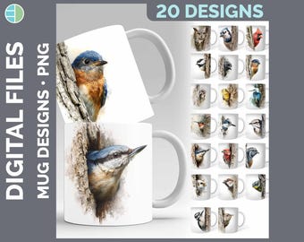 Tree Peek Bird Mug Wrap PNG Bundle, 20 Sublimation Designs, Cardinal Owl Blue Jay Digital Download, Bird Lover Mug Art