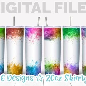 May include: Six designs of 20oz skinny tumblers with colorful watercolor splatter patterns. The tumblers are white with a clear lid and a straw.  The designs include green, orange, pink, blue, purple, and yellow.